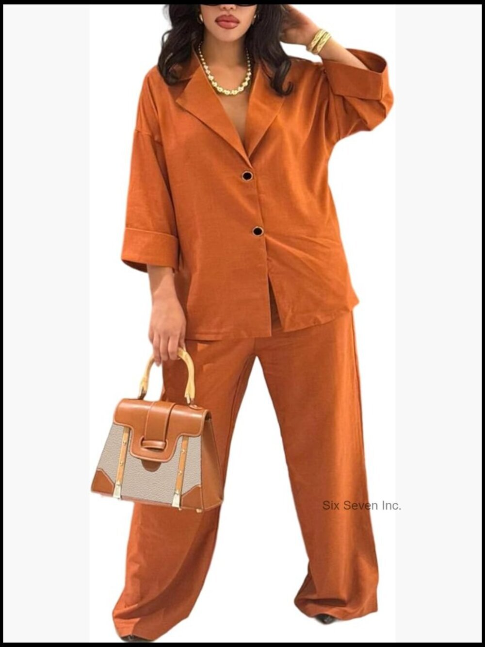 3/4 Sleeve Button Down V Neck Wide Leg Pants Lounge Set